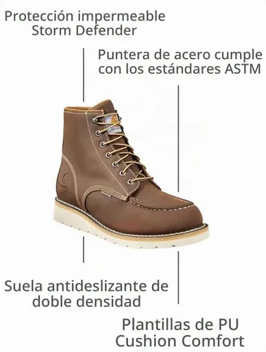 Vista 3 de Carhartt Botas de trabajo impermeables de 6 pulgadas con cuña de punta de acero tipo mocasín para hombre marrón oscuro aceitado bronceado