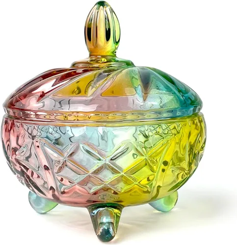 Vista 31 de Tarro de almacenamiento de caramelos de vidrio de cristal colorido con relieve, lujoso recipiente para buffet de galletas con tapas, caja