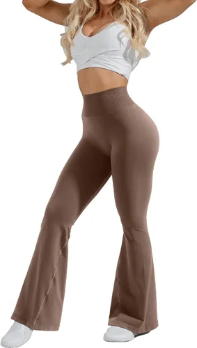 Vista 3 de RUUHEE Pantalones de yoga cruzados acanalados para mujer con bolsillos, cintura alta, acampanados, leggings acampanados