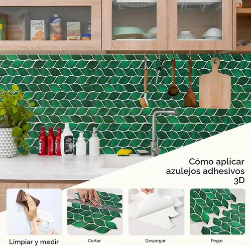 Vista 5 de HOMEART Azulejos de hojas verdes para salpicaduras, autoadhesivos, hechos a mano, para pegar en el protector contra salpicaduras para cocina y baño