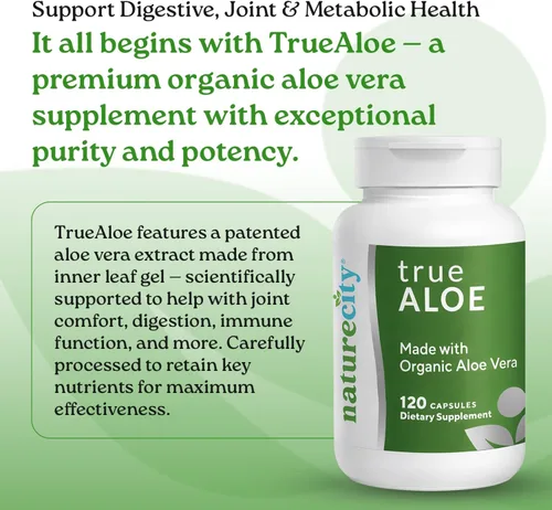 Vista 5 de NatureCity True-Aloe 80,000 mg equivalente de gel de aloe vera por porción, fabricado con aloe vera orgánico (120 cápsulas) soporte digestivo