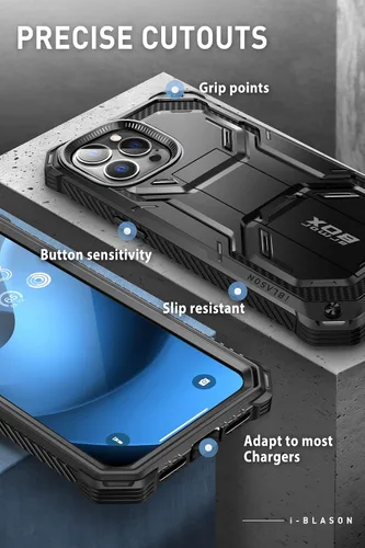 Vista 5 de i-Blason Armorbox - Funda para iPhone 14 Pro Max con soporte [protector de pantalla integrado] [protección de grado militar] Funda protectora Negro