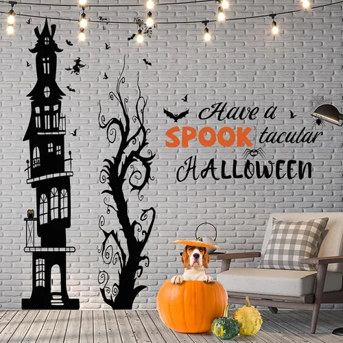Vista 8 de Zonon 3 hojas de calcomanías de pared de Halloween extraíbles DIY Bat Castle Stickers Large Black Halloween Window Clings, Peel and Stick Spooky