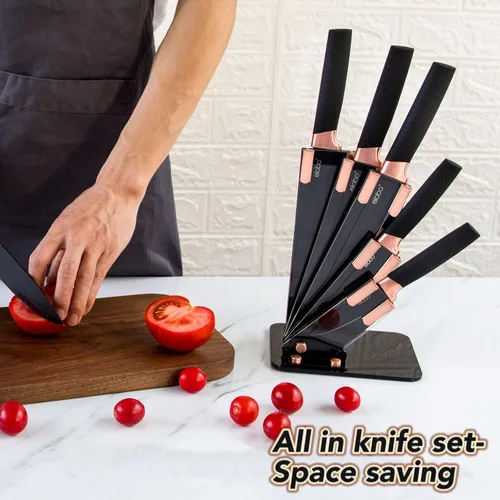 Vista 7 de elabo - Juego de cuchillos de cocina de acero inoxidable antiadherentes con soporte, 5 piezas, color negro, mango de oro rosa