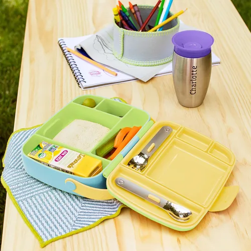 Vista 7 de Munchkin - Lonchera Bento para niños y bebés, incluye utensilios de acero inoxidable, sin BPA, para 18 meses en adelante, Azul/Verde/Amarillo