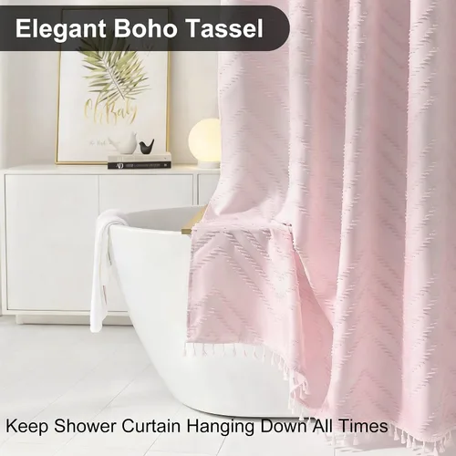 Vista 88 de Cortina de ducha Siiluminisoy de 36x72 beige, cortina de ducha de tela de tamaño pequeño, cortinas de ducha de tela con tufting, diseño chevron a