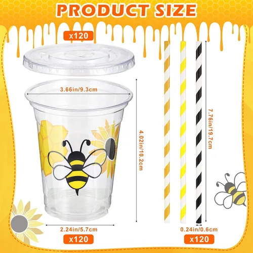 Vista 2 de Sliner 120 vasos de decoración de fiesta de abeja de miel, vasos de plástico desechables transparentes de 12 onzas, vasos de plástico para el primer