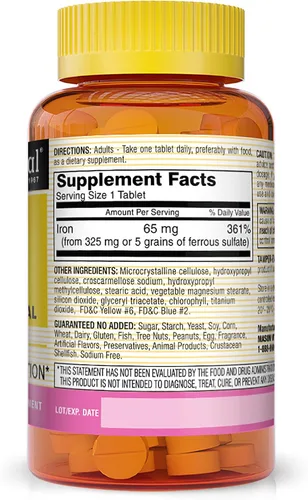 Vista 2 de MASON NATURAL Hierro 65 mg apoya la formación de glóbulos rojos, mejora la utilización de energía, suplementos minerales esenciales, negro, 100