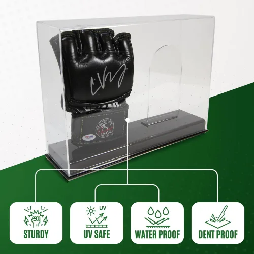 Vista 3 de Vitrina doble de lujo para guantes de MMA Estuche de exhibición de guantes de lucha con base resistente y soporte Protección UV acrílico
