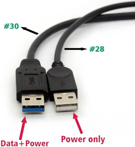 Vista 2 de USB 3.0 Cable de carga de alimentación dual Cables Y Adaptador (11.8 in) Cable tipo A macho a hembra Código de extensión 11.8 in