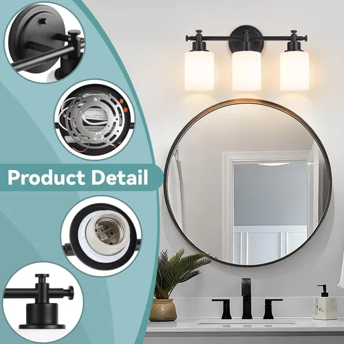 Vista 4 de Lámparas de baño negras de 3 luces, modernas luces de tocador sobre el espejo, apliques de pared de baño con pantalla de vidrio blanco, enchufe E26