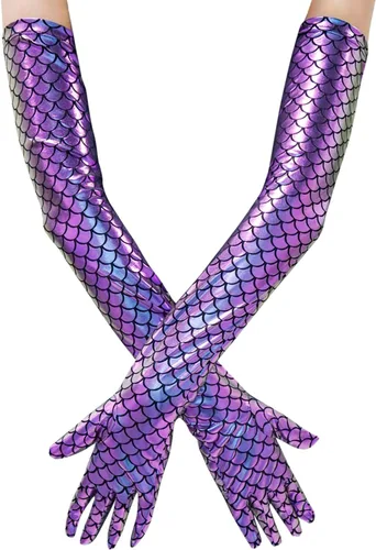 Vista 7 de color cosplayer Mermaid Gloves Fish Scales Arm Sleeves Sequin Gloves Fish Scale Fingerless Gloves with Fins