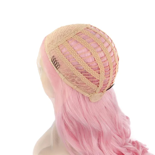 Vista 6 de IMSTYLE Peluca sintética larga y ondulada con encaje frontal rosa para mujer, línea capilar natural, para fiesta de cosplay, Halloween, resistente