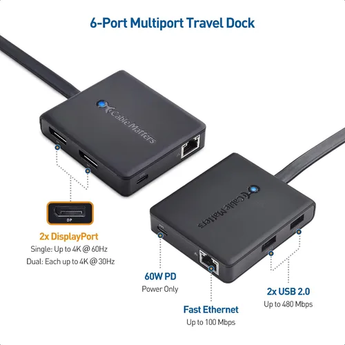 Vista 2 de Cable Matters Concentrador USB C de monitor doble, DisplayPort 4K dual, carga de 60 W Single 4K @60Hz / Dual 4K @30Hz, 2x USB 2.0, Fast Ethernet