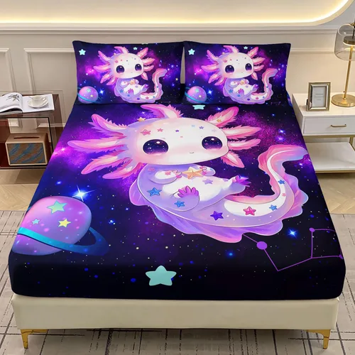 Vista 10 de AILONEN Axolotl - Juego de sábanas bajeras para niños, tamaño individual XL, color rosa y azul degradado kawaii, lindas sábanas de fresa salamandra