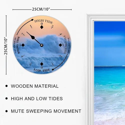 Vista 2 de Reloj de marea con marea alta y baja, la pared del océano Pacífico, reloj de marea de madera, luna, hora del océano, reloj costero, reloj