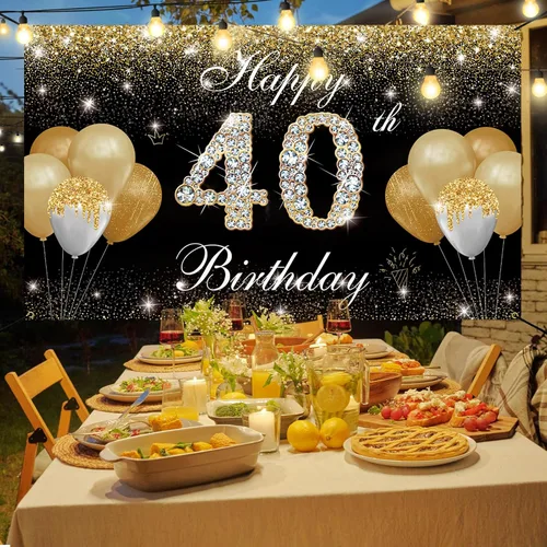 Vista 5 de Decoraciones de feliz cumpleaños 40 para hombres y mujeres, pancarta de fondo de cumpleaños número 40 negro y dorado, cartel de patio, accesorios