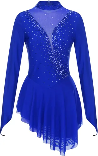 Vista 4 de Vestido de patinaje sobre hielo artístico para mujer, de manga larga, disfraz de baile lírico