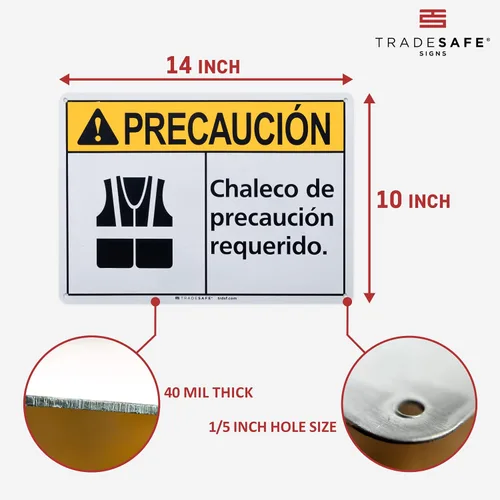 Vista 3 de TRADESAFE Señal de seguridad con chaleco de seguridad de EPI – Chaleco de Precaución Requerido en español, señal de seguridad de aluminio
