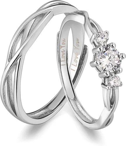Vista 9 de I Love You His & Hers Anillos de Boda a Juego Ajustables CZ S925 de Plata de Ley Anillos para Pareja Customizable
