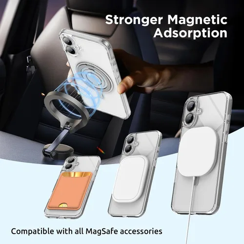 Vista 5 de SURPHY Funda magnética de 360° para iPhone 16 con anillo para el dedo, compatible con MagSafe, con protector de pantalla, soporte de anillo y funda