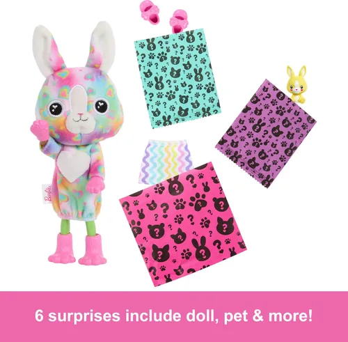 Vista 4 de Muñeca pequeña Barbie Chelsea Cutie Reveal de la serie Color Dream y accesorios, disfraz de peluche de animal y 6 sorpresas, incluyendo cambio