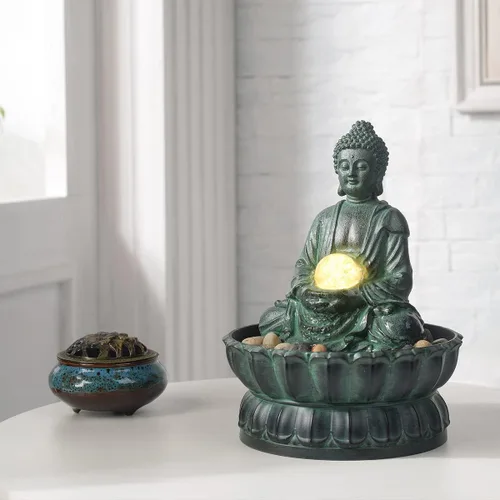 Vista 9 de Fuente de mesa interior Buda exquisita estatua de meditación sentada, fuente de agua de escritorio, fuente zen decorativa con bola rodante