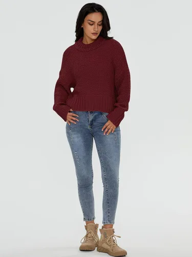 Vista 5 de DEEP SELF Suéter de punto grueso con cuello redondo para mujer, manga larga, holgado, para otoño, color liso