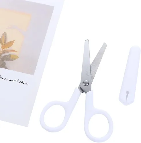 Vista 3 de Mini tijera de color blanco portátil de acero inoxidable, tijeras de regalo de papelería portátil para manualidades y manualidades