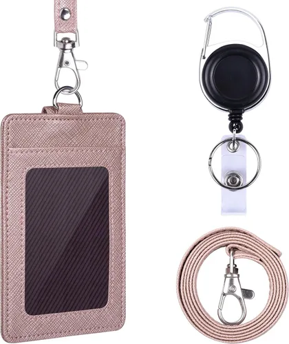 Vista 8 de Wisdompro - Soporte retráctil para tarjetas con cordón y carrete, color negro PU Leather, 2-Sided ID Card Holder, with Carabiner Badge Reel Clip