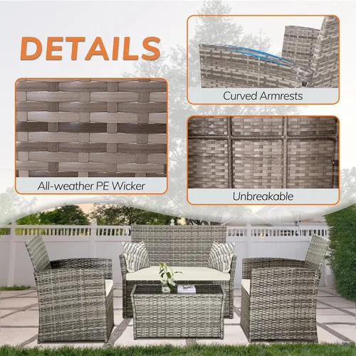 Vista 4 de Juego de muebles de patio de 6 piezas, juego de conversación de mimbre para exteriores, sofá modular de ratán con mesa de centro de cristal