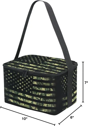 Vista 6 de Naanle Bolsa de almuerzo de lona aislada con cremallera para niños, adultos, hombres y mujeres, camuflaje con bandera estadounidense de correa