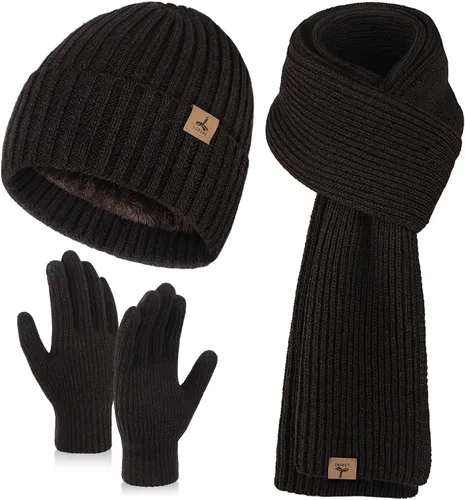 Vista 15 de Winter Hat Scarf Gloves Set, Knitted Ribbed Beanie Winter Gift Men Boys Mezcla gris y negro