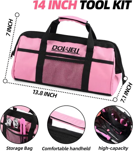 Vista 3 de DOWELL Kit de herramientas rosa de 140 piezas para mujeres, niñas, damas, juego de herramientas para el hogar con bolsa de herramientas de 14