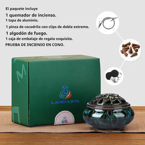 Vista 4 de Censer - Quemador de incienso azul cielo con soporte para varillas de incienso de calabaza - Incensario de porcelana para carbón para uso con resina