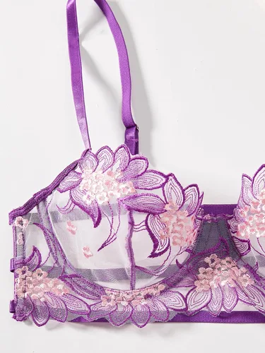 Vista 4 de WDIRARA Conjunto de lencería de 2 piezas para mujer con bordado floral y tirantes delgados