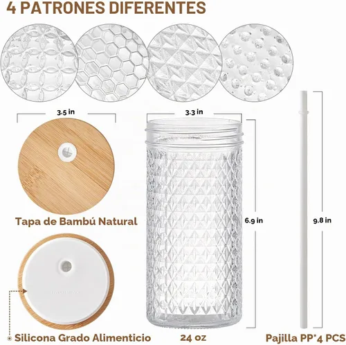 Vista 2 de Hyperspace Paquete de 4 vasos de vidrio con tapas y pajitas de bambú, 24 onzas de boca ancha, botellas de viaje con variedad de patrones para uso
