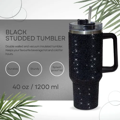 Vista 7 de Vaso de 40 onzas con tachuelas de strass con mango, popote y tapa, botella de agua de acero inoxidable aislada de doble capa para mujeres, taza
