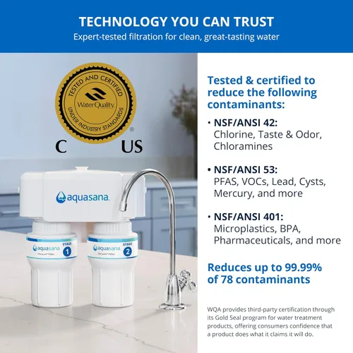 Vista 4 de Aquasana Filtro de agua para debajo del fregadero Filtración de 2 etapas Reduce hasta un 99.99% de PFAS, plomo, cloro, quistes y más Filtro