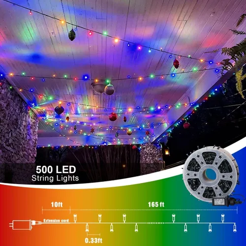 Vista 2 de QITONG Guirnalda de 500 luces LED de Navidad de 165 pies para exteriores, impermeable, luces multicolor con 8 modos, cable verde, luces parpadeantes