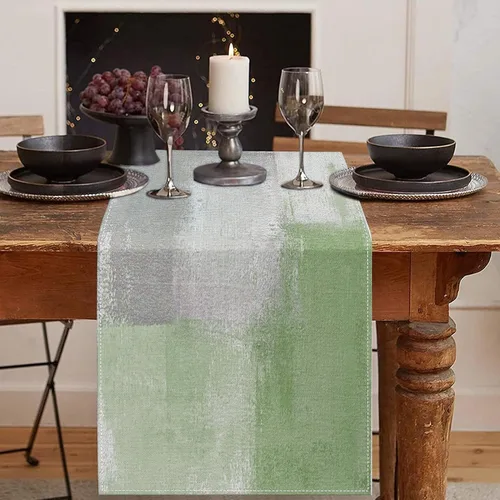 Vista 11 de Emvency - Camino de mesa de estilo granja, pintura de arte abstracto vintage en azul y gris para mesa de cocina, cenas familiares, fiestas, bodas