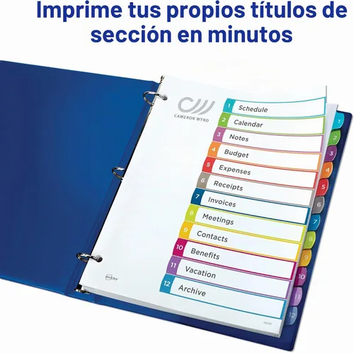 Vista 2 de Avery Separadores para carpetas de 3 anillos, 12 pestañas por juego, tabla de contenido personalizable, pestañas arqueadas multicolor, ideal