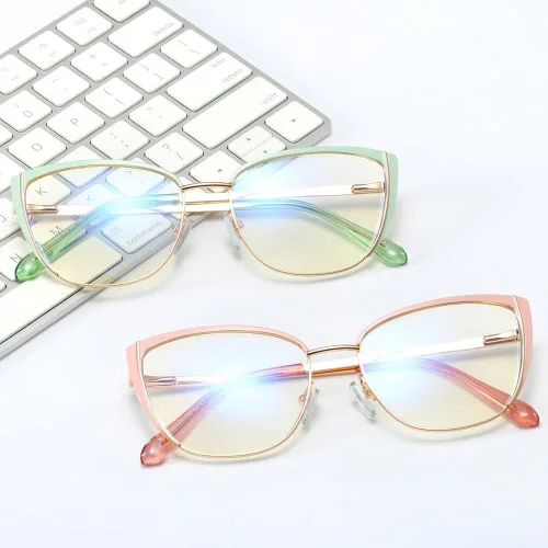 Vista 4 de Gafas de bloqueo de luz azul retro para mujer, marco de metal, gafas de ojo de gato