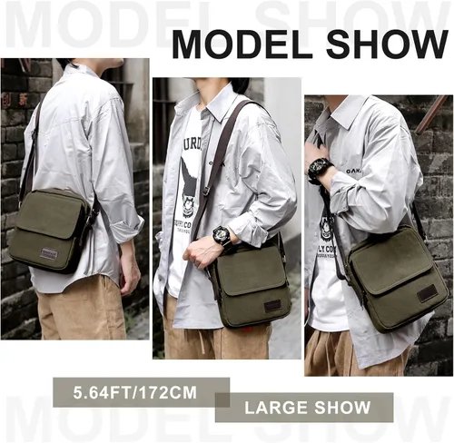 Vista 8 de Bolso cruzado para hombre, bolso lateral para hombre, bolso de hombro para hombres y mujeres, pequeño bolso de mensajero de lona para teléfono