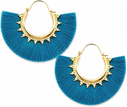 Vista 44 de Aretes de aro con borla, aretes colgantes de hilo de declaración, elegantes aretes largos con flecos, ligeros, largos y con gancho francés, para un