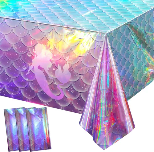 Vista 8 de 1 mantel de plástico iridiscente de sirena, manteles desechables con láser de sirenas, funda de mesa desechable para niñas, cumpleaños, bodas