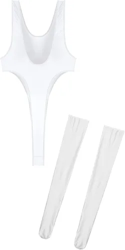 Vista 6 de YiZYiF Conjunto de medias de nailon para mujer, 70D, de corte alto, con tanga de una pieza, con medias