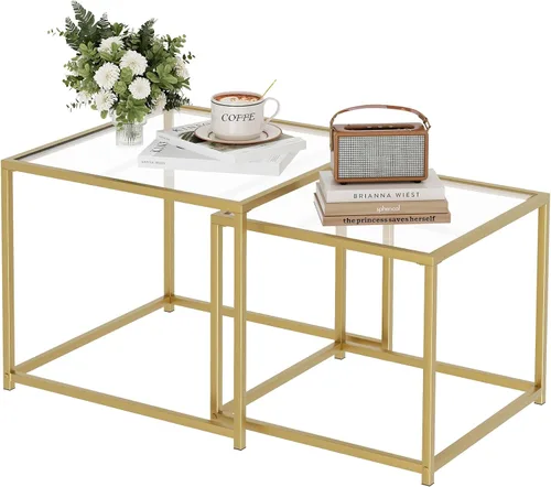 Vista 8 de Mesa de centro de cristal moderna para sala de estar, juego de 2 mesas anidables minimalistas para sala de estar, tapa de vidrio templado con marco
