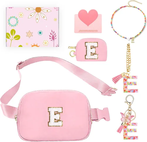 Vista 55 de Regalos de moda para niñas adolescentes, cangurera con monograma para niña con llavero, collar, dijes de taza, tarjeta de felicitación y caja