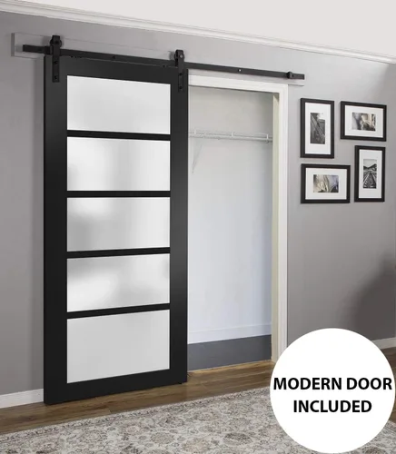 Vista 4 de SARTODOORS Panel de puerta de granero de losa de vidrio esmerilado de 42 x 96 pulgadas Quadro 4002 negro mate Puertas con acabado resistente